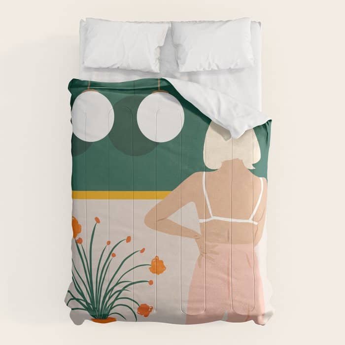 Texting, Millennial Woman Young Bohemian High Fashion Love Pastel Home Decor Blush Comforter