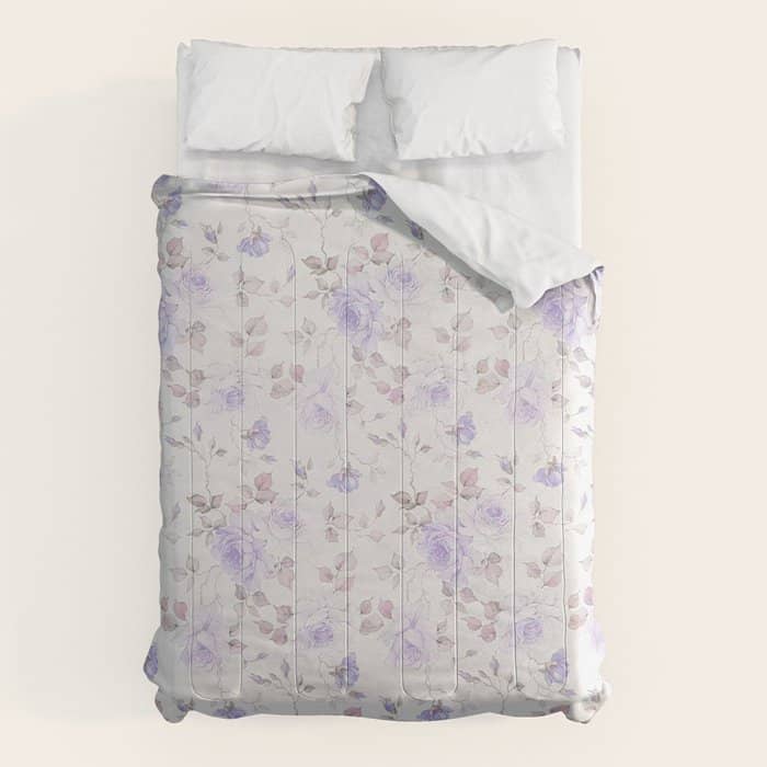 Lavender Gray Elegant Vintage Roses Floral Comforter