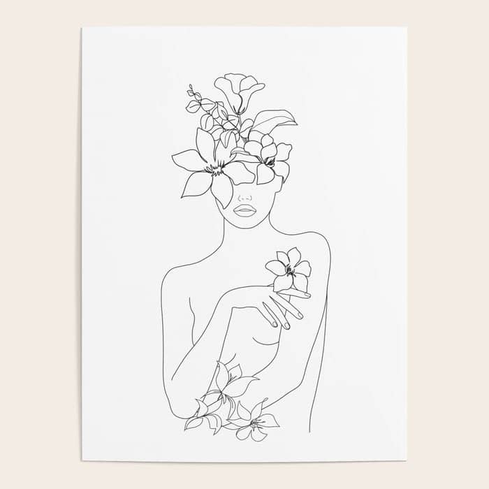 Minimal Line Art Woman With Flowers Iv Poster