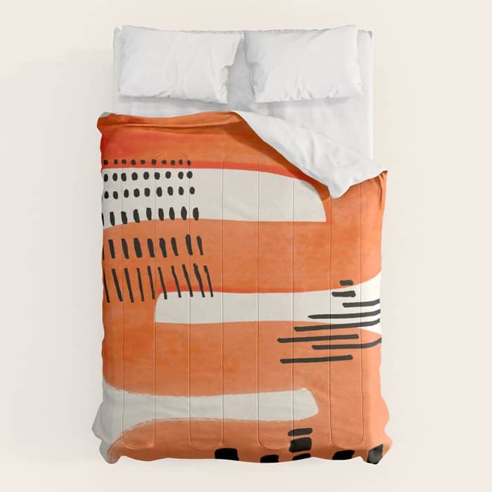Mid Century Modern Abstract Minimalist Fun Colorful Shapes Patterns Orange Watercolor Wiggle Stroke Comforter