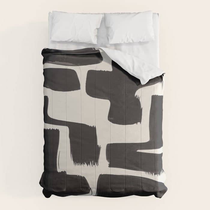 Mid Century Modern Minimalist Abstract Art Brush Strokes Black & White Ink Art Shapes Comforter