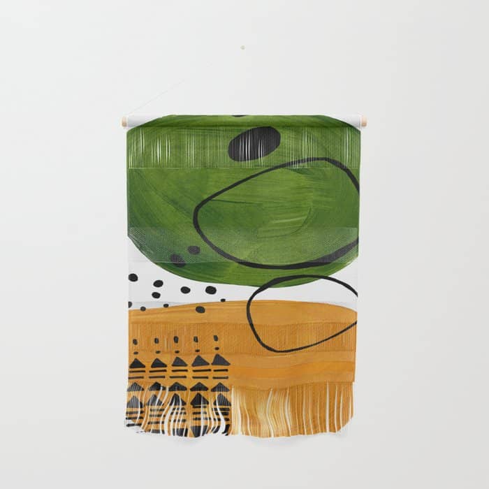 Modern Mid Century Fun Colorful Abstract Minimalist Painting Olive Green Yellow Ochre Buns Wall Hanging