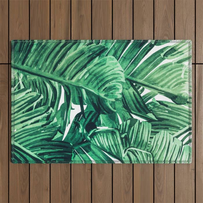 Tropical State Of Mind | Watercolor Palm Banana Leaves Painting | Botanical Jungle Bohemian Plants Outdoor Rug