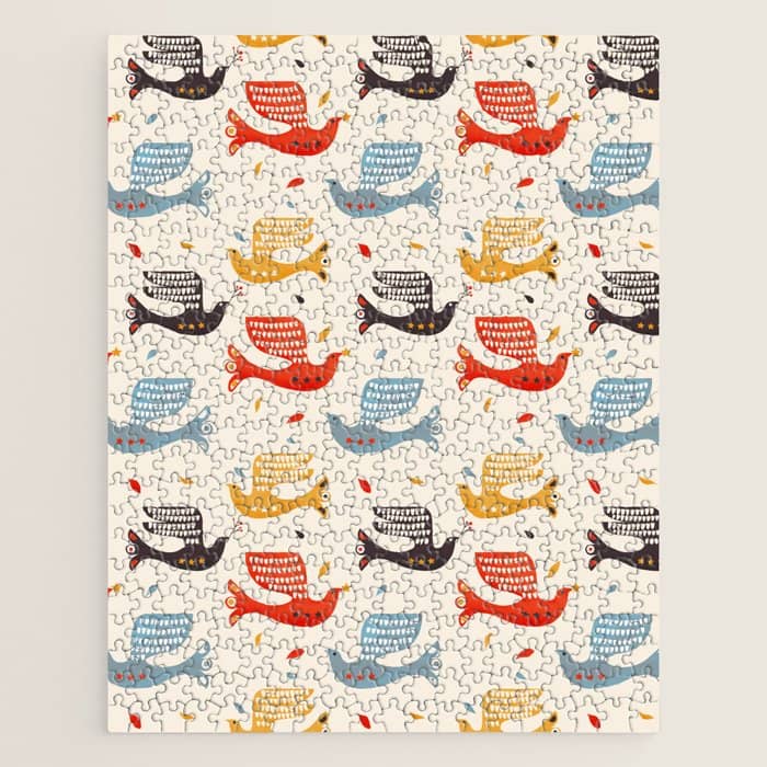 Festive Birds Retro Pattern Jigsaw Puzzle