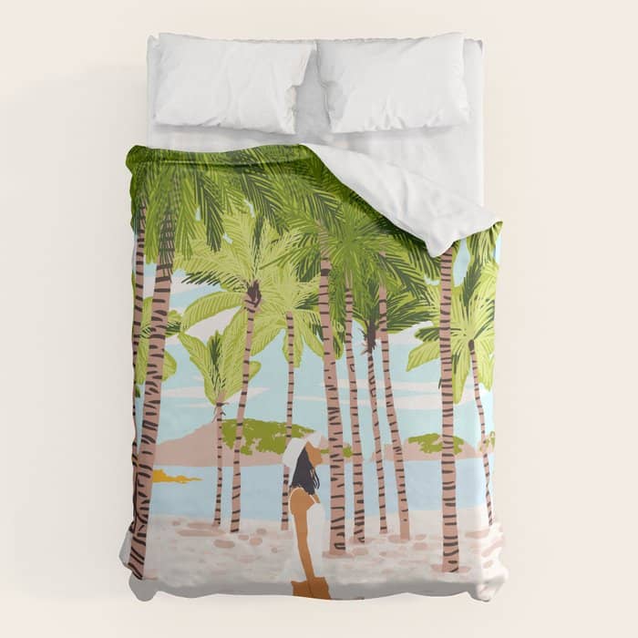 The Happy Spots, Dalmatian Dog Pets, Bohemian Woman Beach Tropical Palm Fashion Illustration Duvet Cover