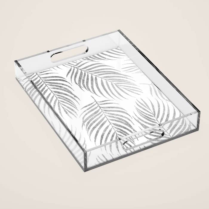 Chic Elegant Silver Foil Palm Tree Leaves Acrylic Tray