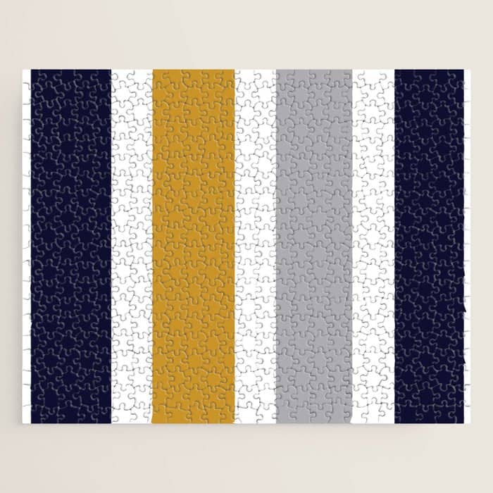 Quattro Stripe Minimalist Broad Stripe Color Block Pattern In Mustard Yellow, Navy Blue, Gray, White Jigsaw Puzzle