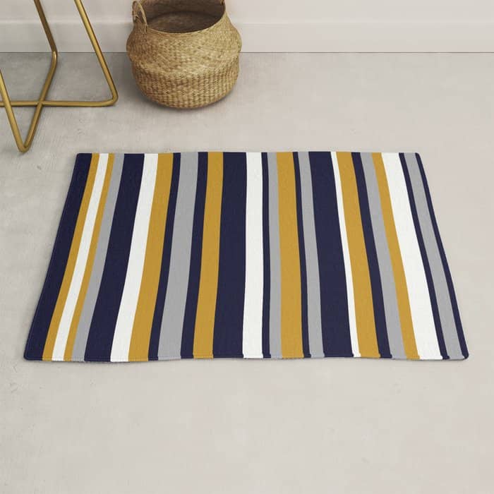 Modern Stripes In Mustard Yellow, Navy Blue, Gray, And White. Minimalist Color Block Rug