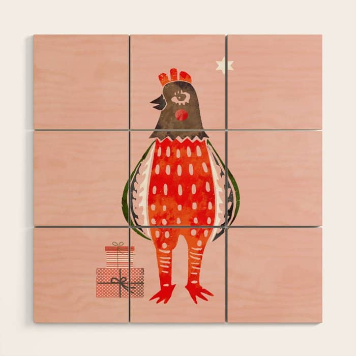 Christmas Chicken - Illustration Wood Wall Art