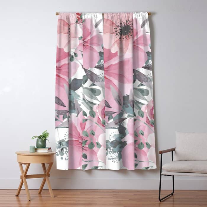 Floral Watercolor, Pink And Gray, Watercolor Print Window Curtain
