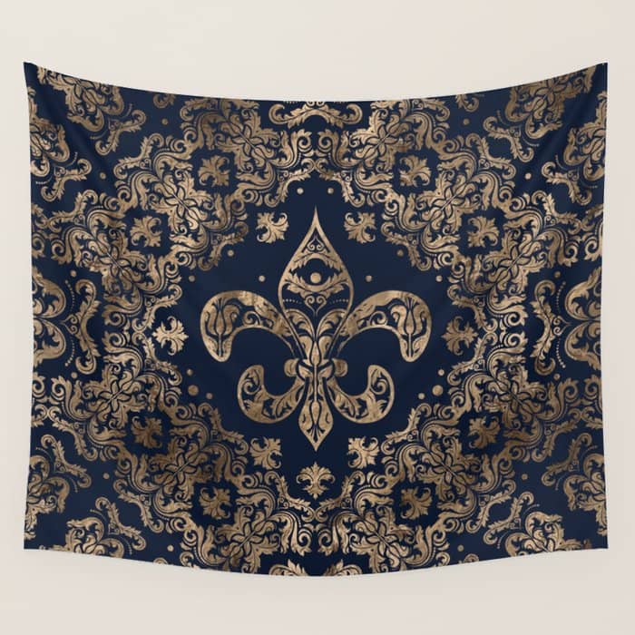 Luxury Fleur-De-Lis Ornament - Gold And Dark Blue Wall Tapestry