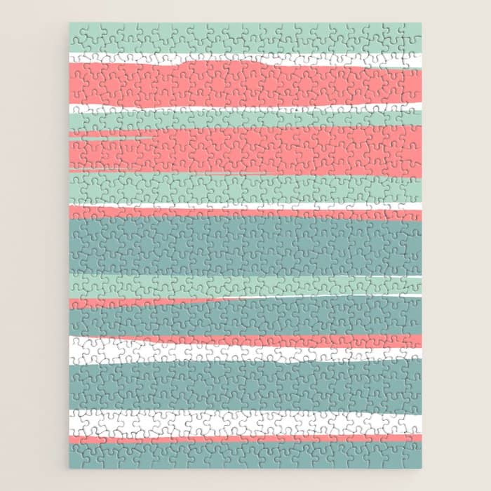 Festive, Abstract, Colorful Stripes, Coral And Teal Green Jigsaw Puzzle