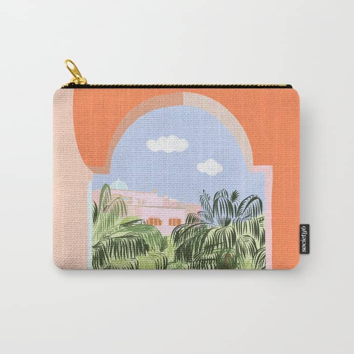 Summer Travel, Tropical Nature Palm Trees, Modern Architecture Palace Illustration Painting Carry All Pouch
