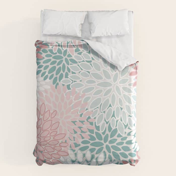 Floral Bloom, Teal, Green, Pink And White Duvet Cover