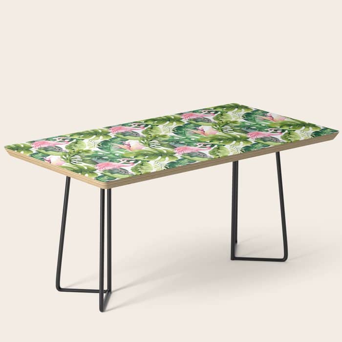 Flamingo Tropical, Colorful Tropical Jungle Monstera Painting, Watercolor Birds Banana Leaves Coffee Table