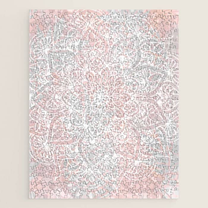 Mandala, Yoga, Love, Coral And Gray, Wall Art Boho Jigsaw Puzzle