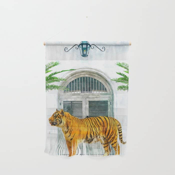94 Tropical, Greece Architecture Buildings Tiger Wild Cat Watercolor Palm Travel Bohemian Painting Wall Hanging