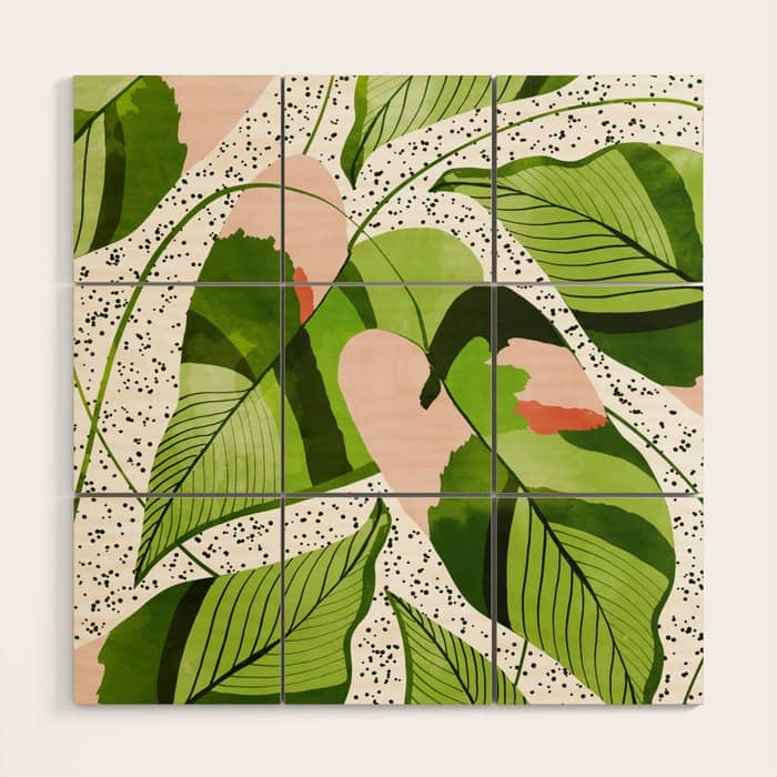 Blushing Leaves Watercolor Painting, Colorful Botanical Illustration, Tropical Modern Bohemian Wood Wall Art
