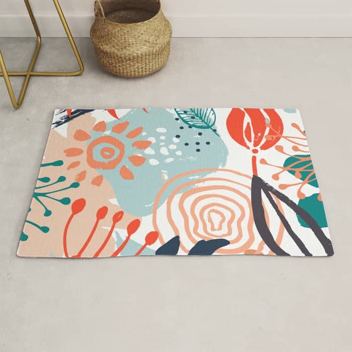 Summer Abstract, Floral Prints, Orange, Teal, Blue, Colourful Prints. Rug