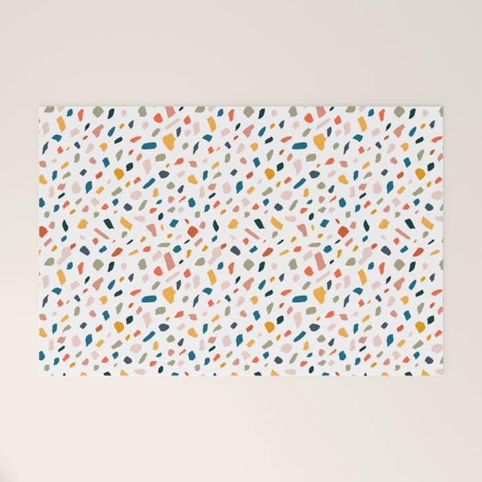 Terrazzo, Abstract Quirky Shapes Bohemian Modern Pattern Confetti Celebration Random Colorful Shapes Welcome Mat