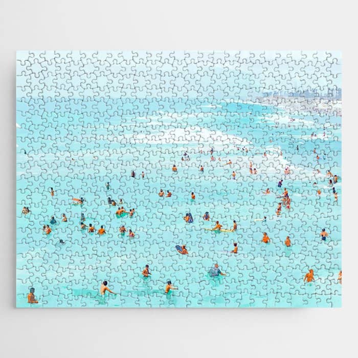 Hot Summer Day | Beachy Watercolor Painting | Ocean Sea Surf Swim | Vacation Travel Staycation Waves Jigsaw Puzzle