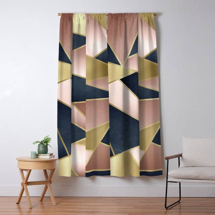 Geometric Art, Rose Gold, Pink And Navy Blue Modern  Window Curtain