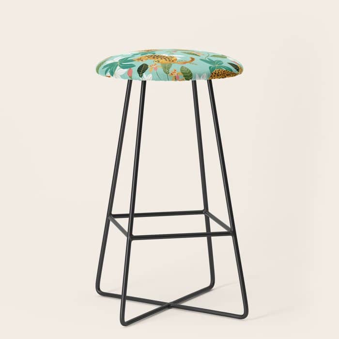 Cheetah Jungle, Wildlife Nature Wild Cats Tigers Leopard Botanical Animals Mint Quirky Illustration Stool