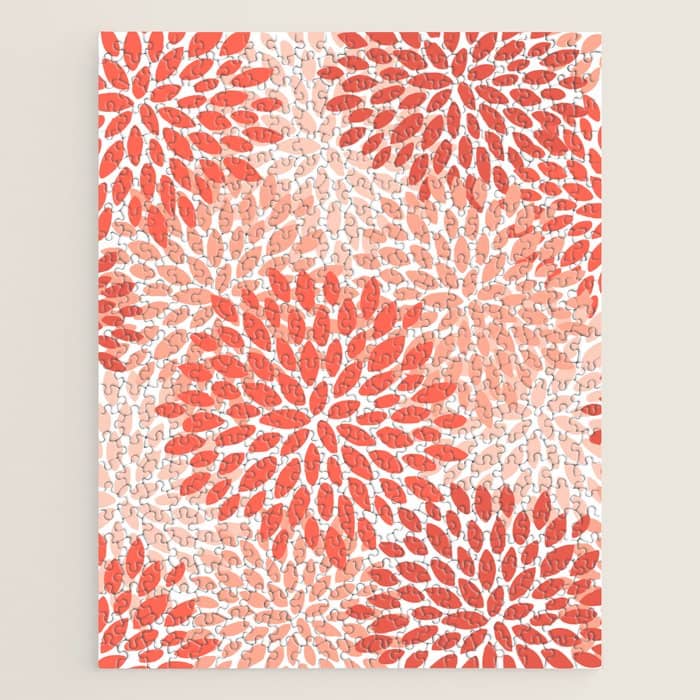 Flowers Pattern, Coral, Pink, Floral Prints Jigsaw Puzzle