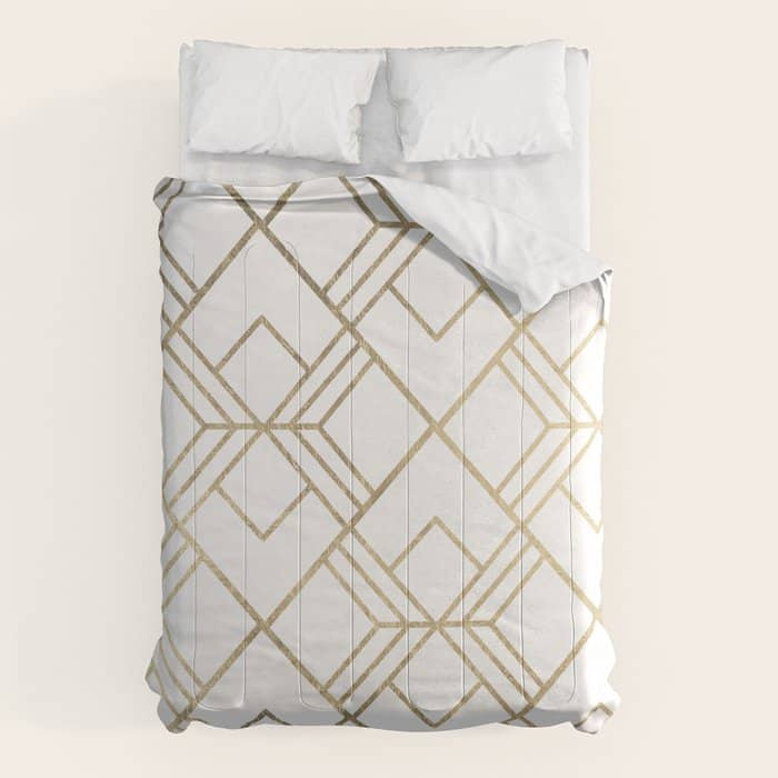 Geometrical White Faux Gold Elegant Stylish Diamonds Comforter
