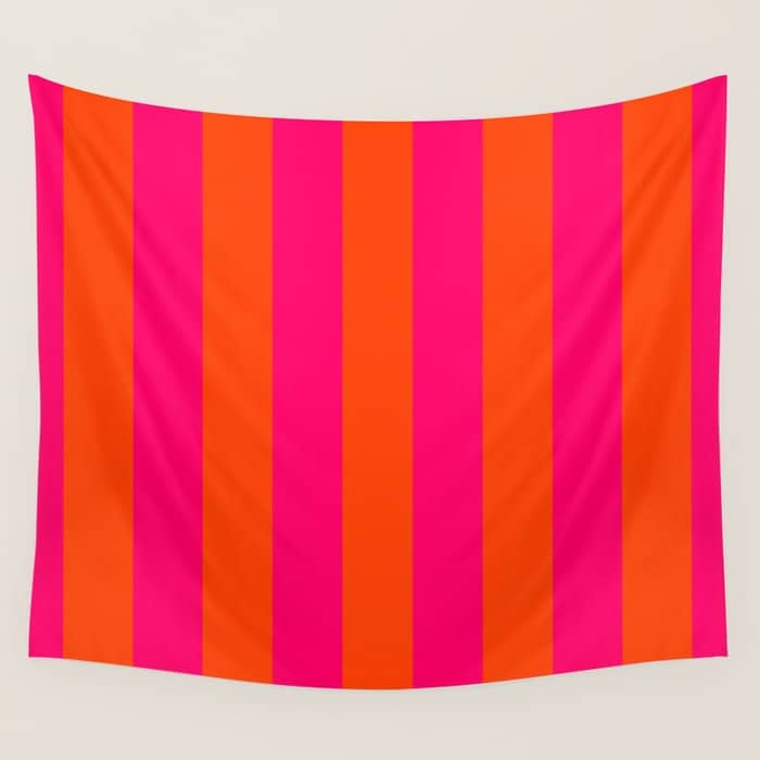 Bright Neon Pink And Orange Vertical Cabana Tent Stripes Wall Tapestry