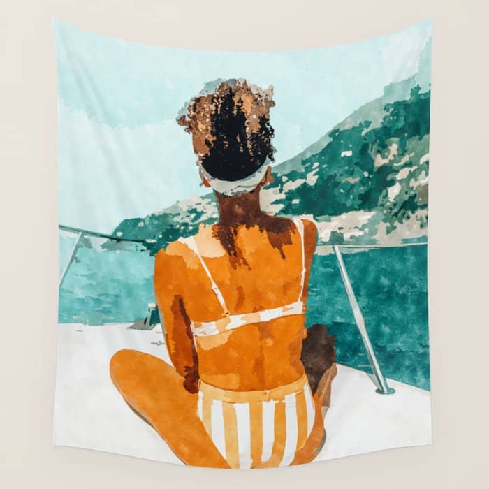 Solo Traveler, Watercolor Black Woman Painting, Travel Tropical Summer Illustration Wall Tapestry