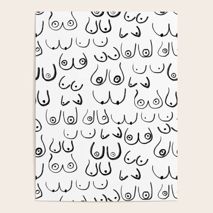 Boobs Pattern - Black And White Line Drawing, Life Drawing, Feminine Art Poster