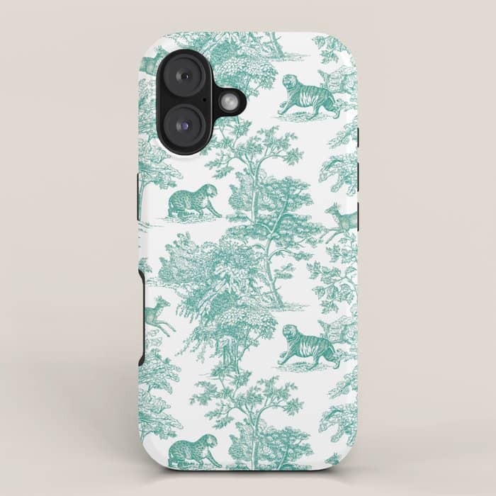 Toile De Jouy Vintage French Exotic Jungle Forest Teal & White Iphone Case