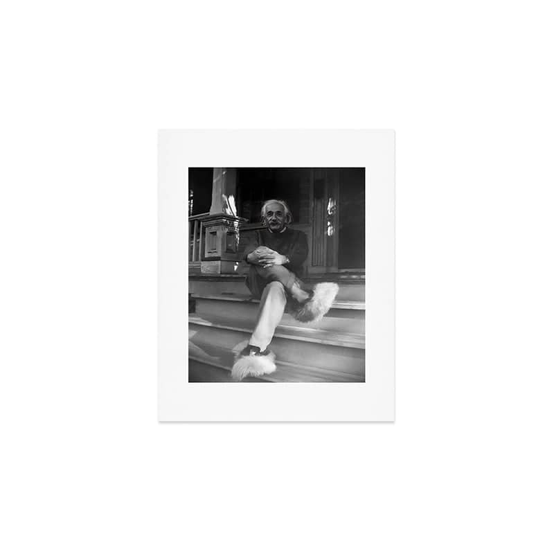 Funny Einstein In Fuzzy Slippers Classic Black And White Satirical Photography - Photographs Art Print