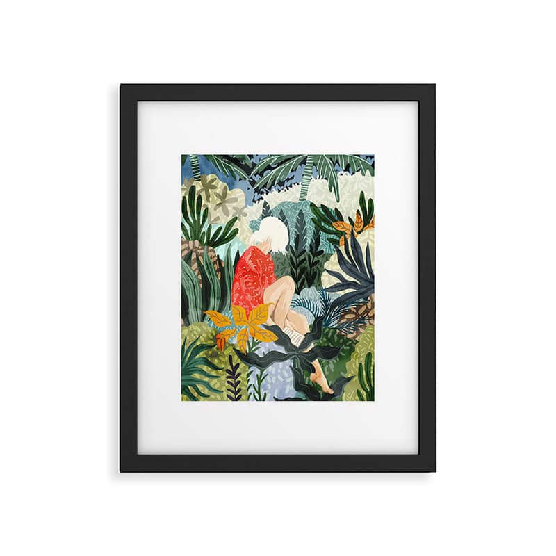 The Distracted Reader | Mindfulness Solo Travel | Bohemian Jungle Botanical Mood | Nature Book Lady Framed Art Print