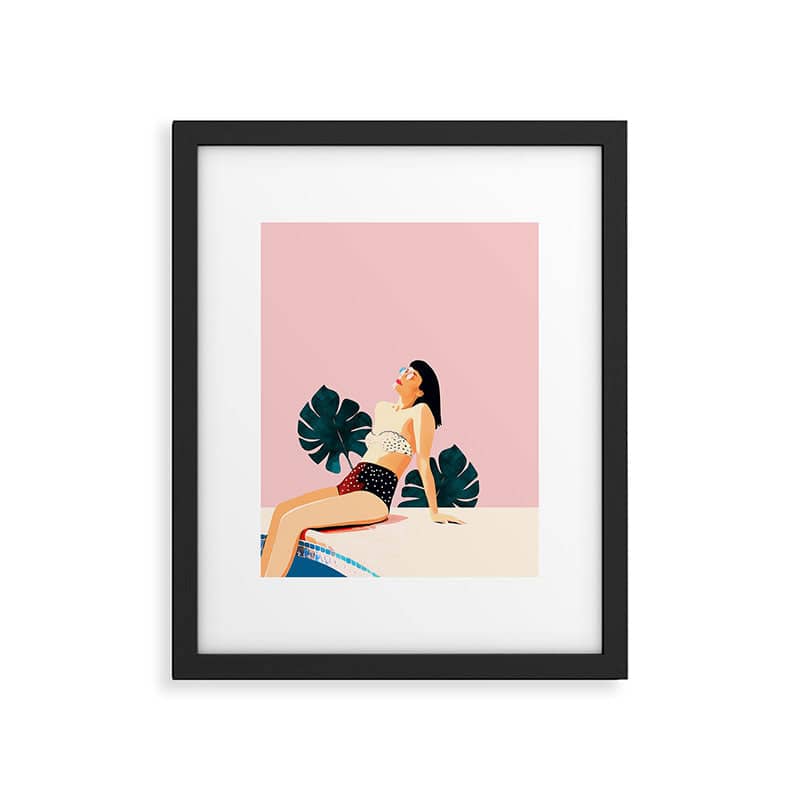 Sunday, Summer Swim Poolside Fashion, Bohemian Woman Sunbath Tan Bikini Monstera Tropical Travel Framed Art Print