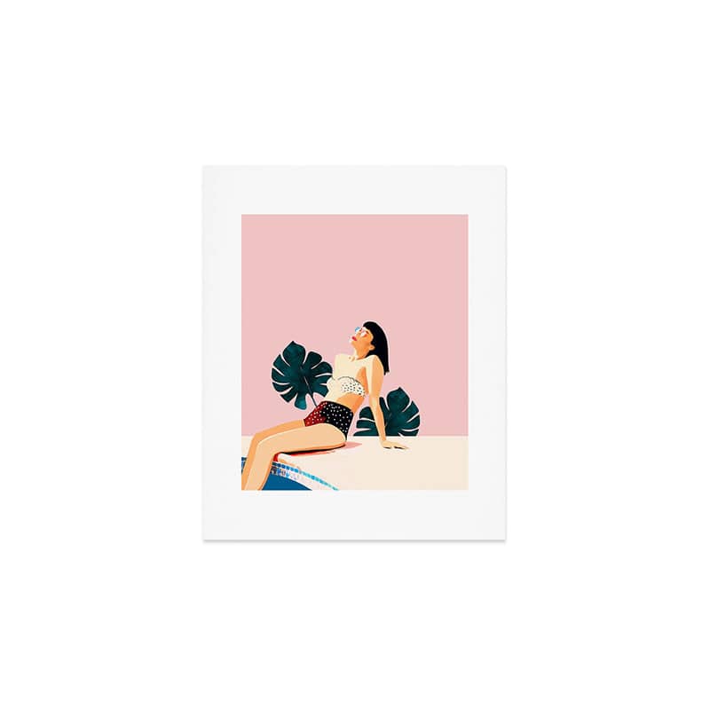 Sunday, Summer Swim Poolside Fashion, Bohemian Woman Sunbath Tan Bikini Monstera Tropical Travel Art Print
