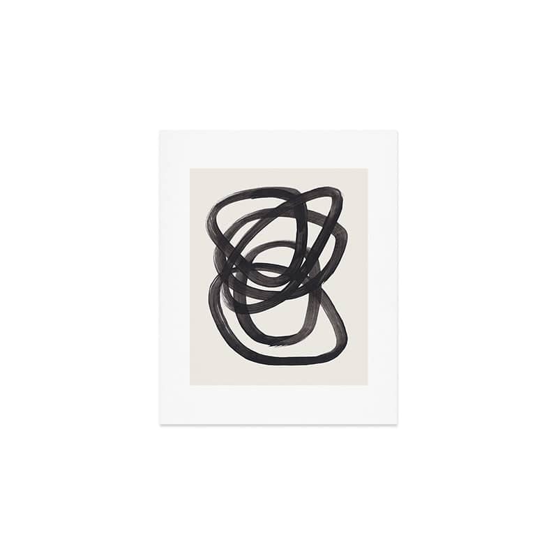 Mid Century Modern Minimalist Abstract Art Brush Strokes Black & White Ink Art Spiral Circles Art Print