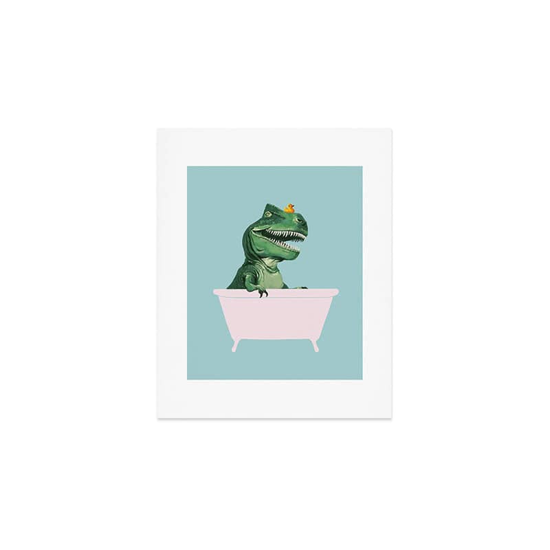 Playful T-Rex In Bathtub In Green Art Print