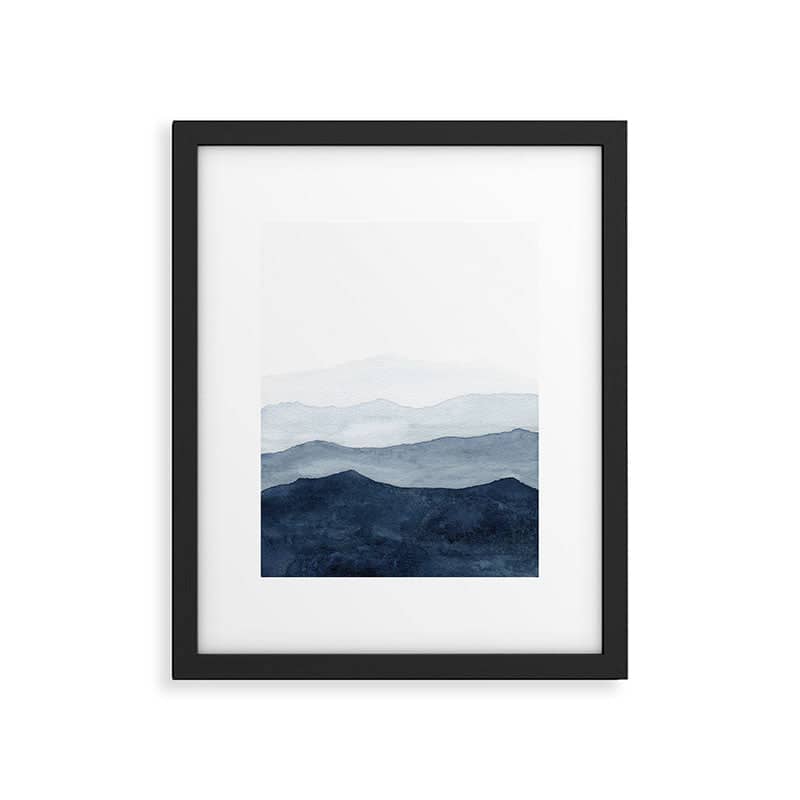 Indigo Abstract Watercolor Mountains Framed Art Print