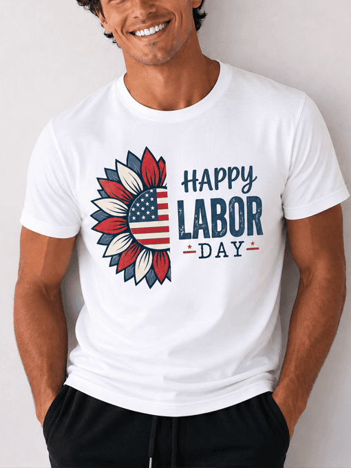 Happy Labor Day Sunflower Patriotic T-Shirt – American Flag Floral Graphic Tee