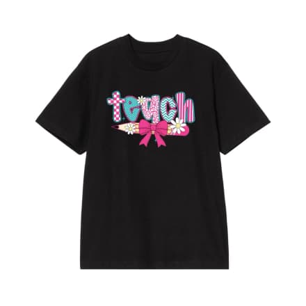 Colorful Teach Word Art With Pencil, Bow, And Daisies