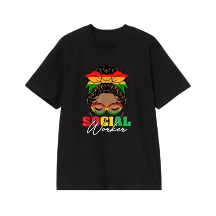 Black Woman Social Worker With Messy Bun And Pan-African Colors