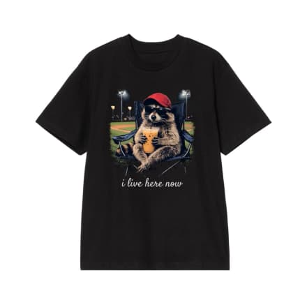 Raccoon At A Baseball Game With Iced Coffee 'I Live Here Now' Funny Quote