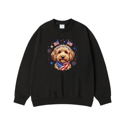 Patriotic Goldendoodle Dog With American Flag Bandana And Fireworks For 4th Of July