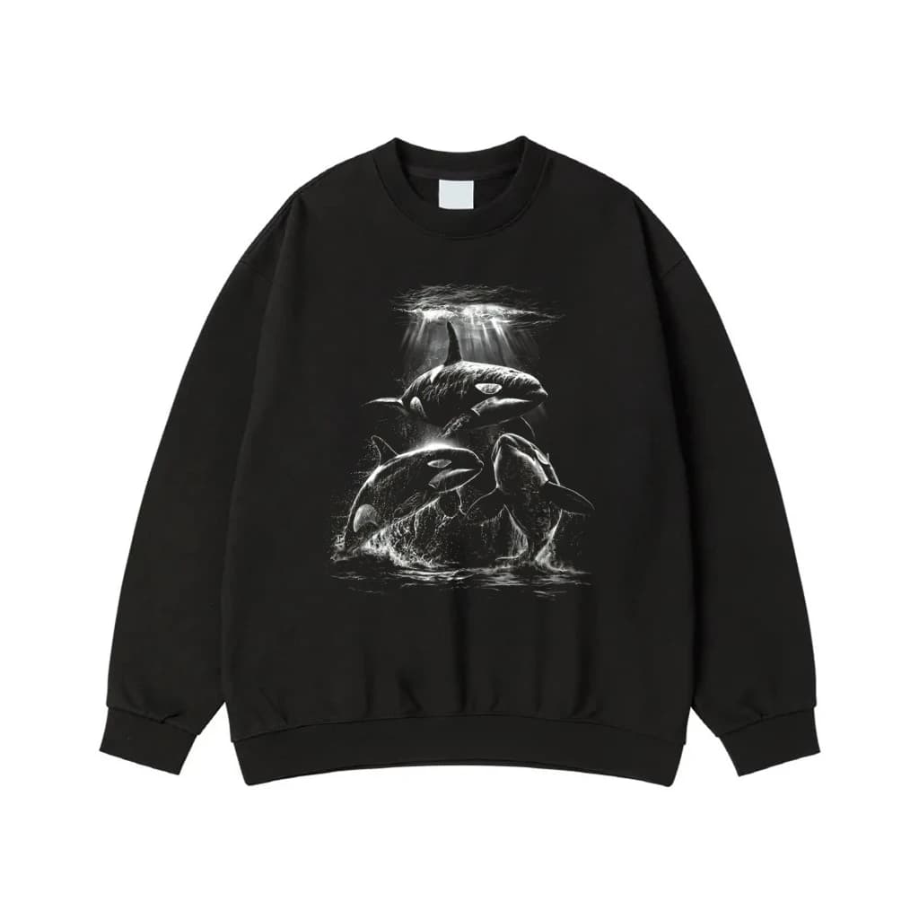 Vintage Style Orca Killer Whale Family Underwater Graphic