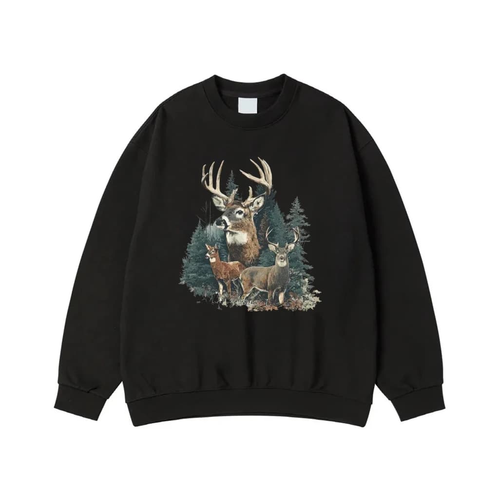 Vintage Wildlife Deer Family in Pine Forest Graphic