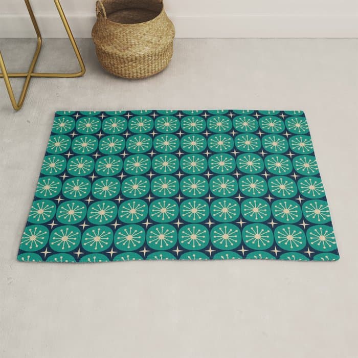 Mid Century Modern Atomic Dots and Stars Retro Pattern 2 in Mid Mod Teal Turquoise Navy Blue Beige Rug