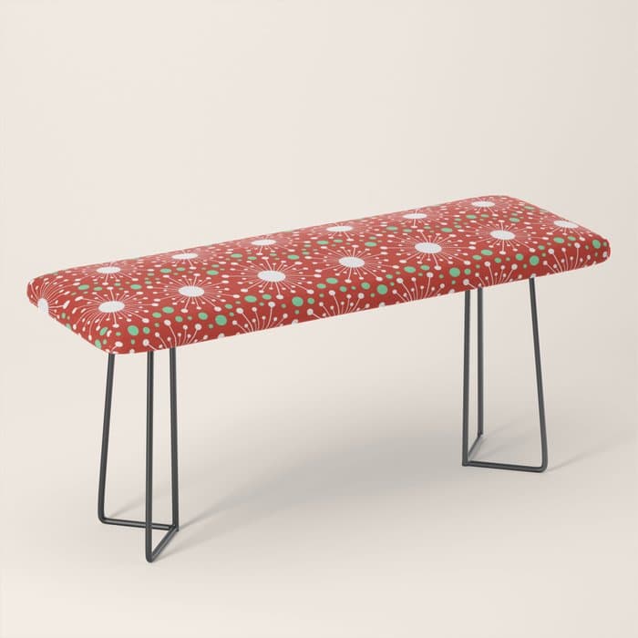 Christmas Holiday MidCentury Modern Atomic Snowflakes in Red Green and White Bench