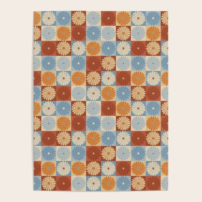 Retro Flowers Check Pattern XVIII Poster